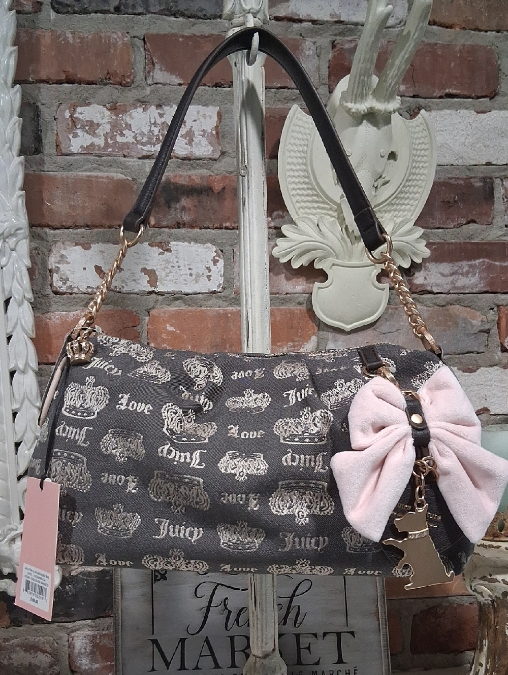 Juicy Couture Brown Logo Shoulder Bag with Pink Bow Accent